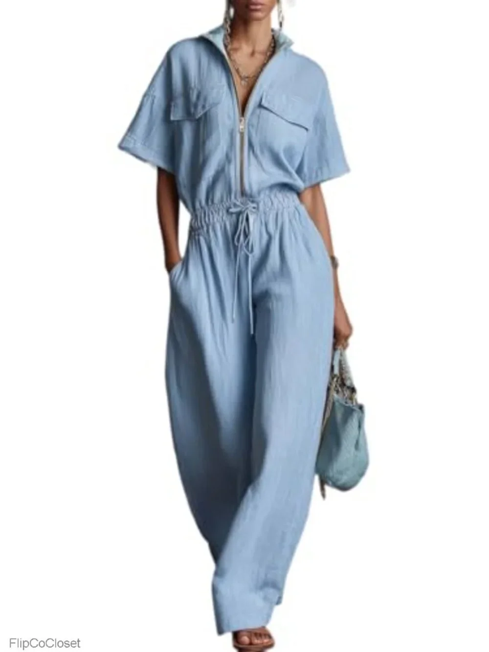 Wide Leg Linen Jumpsuit with Zip Front Utility Pocket Short Sleeve Casual One